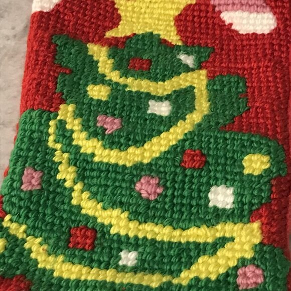 Handmade Needlepoint Christmas Stocking Tree Candy Canes Gifts Red Felt 18 Inch - Picture 2 of 7